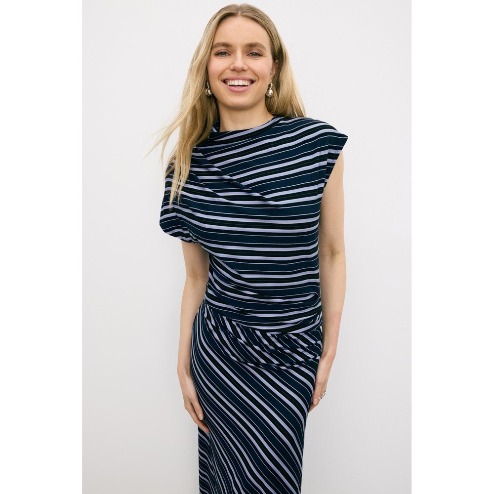 Reiss Dillion Blue Striped Ruched Draped Maxi Long Dress XL Sleeveless Sheath - Picture 2 of 12